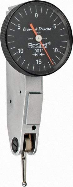 TESA Brown & Sharpe - 0.03 Inch Range, 0.001 Inch Dial Graduation, Horizontal Dial Test Indicator - 1 Inch Black Dial, 0-15-0 Dial Reading - Apex Tool & Supply