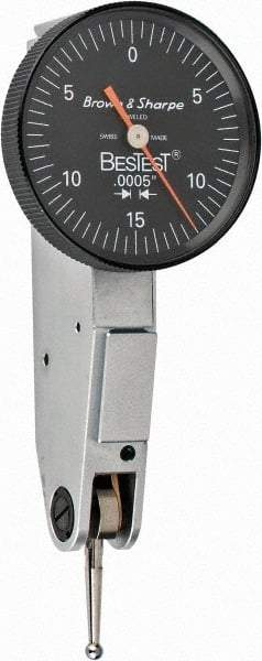 TESA Brown & Sharpe - 0.03 Inch Range, 0.0005 Inch Dial Graduation, Horizontal Dial Test Indicator - 1 Inch Black Dial, 0-15-0 Dial Reading - Apex Tool & Supply