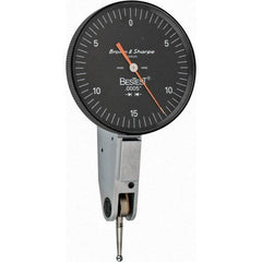 TESA Brown & Sharpe - 0.03 Inch Range, 0.0005 Inch Dial Graduation, Horizontal Dial Test Indicator - 1-1/2 Inch Black Dial, 0-15-0 Dial Reading - Apex Tool & Supply