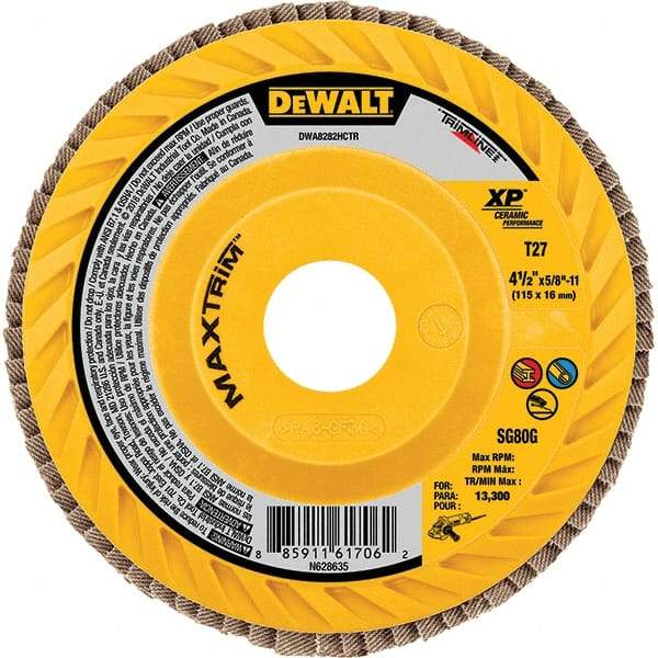 DeWALT - 40 Grit, 4-1/2" Disc Diam, Type 27 Ceramic Flap Disc - 13,300 Max RPM, Poly Cotton Backing, Arbor Attaching System, Coated - Apex Tool & Supply