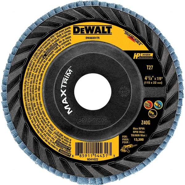 DeWALT - 60 Grit, 4-1/2" Disc Diam, Type 27 Zirconia Alumina Flap Disc - 13,300 Max RPM, Poly Cotton Backing, Arbor Attaching System, Coated - Apex Tool & Supply