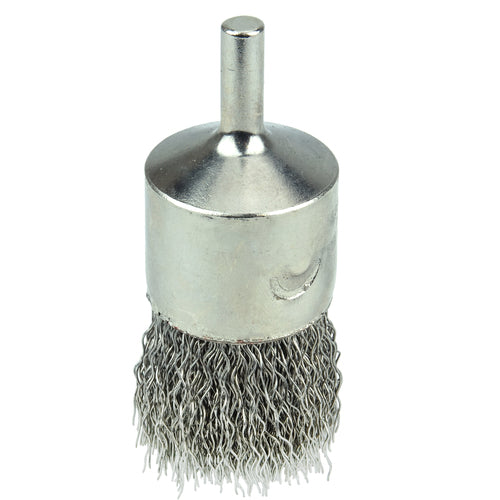 1″ Nickel-Plated Cup End Brush, .014″ Stainless Steel Crimped Wire Fill - Apex Tool & Supply
