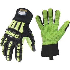 ironCLAD - Size M (8), ANSI Cut Lvl A1, Abrasion Lvl 5, Cut Resistant Gloves - 11" Long, Uncoated, Polyester Lining, Slip-On Cuff, Black/Green, Paired - Apex Tool & Supply