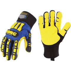 ironCLAD - Size M (8), ANSI Cut Lvl A1, Abrasion Lvl 5, Cut Resistant Gloves - 11" Long, Uncoated, Polyester Lining, Slip-On Cuff, Blue/Yellow, Paired - Apex Tool & Supply