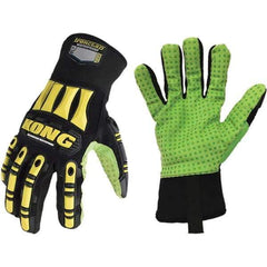 ironCLAD - Size M (8), ANSI Cut Lvl A5, Abrasion Lvl 5, Cut Resistant Gloves - 11" Long, Uncoated, Polyester Lining, Slip-On Cuff, Black/Green, Paired - Apex Tool & Supply