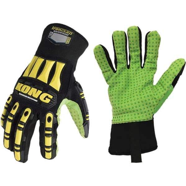 ironCLAD - Size S (7), ANSI Cut Lvl A5, Abrasion Lvl 5, Cut Resistant Gloves - 11" Long, Uncoated, Polyester Lining, Slip-On Cuff, Black/Green, Paired - Apex Tool & Supply