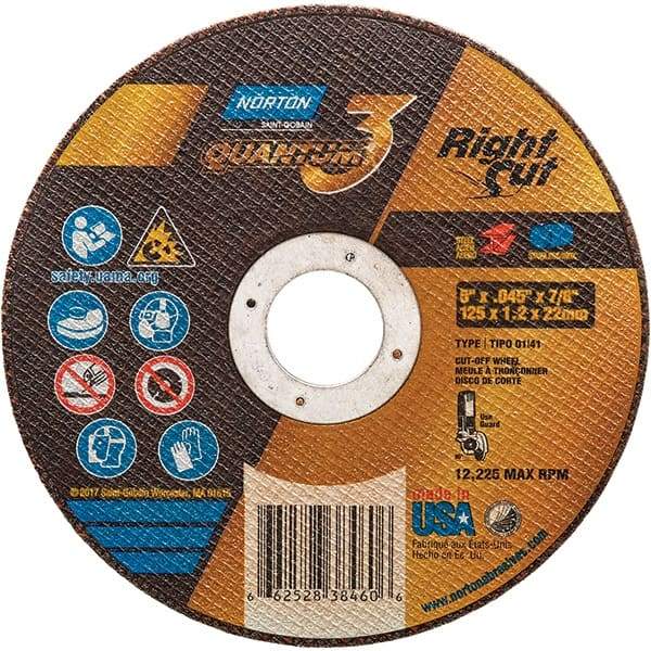 Norton - 5" 46 Grit Ceramic Alumina Cutoff Wheel - 0.045" Thick, 7/8" Arbor, 12,225 Max RPM, Use with Angle Grinders - Apex Tool & Supply