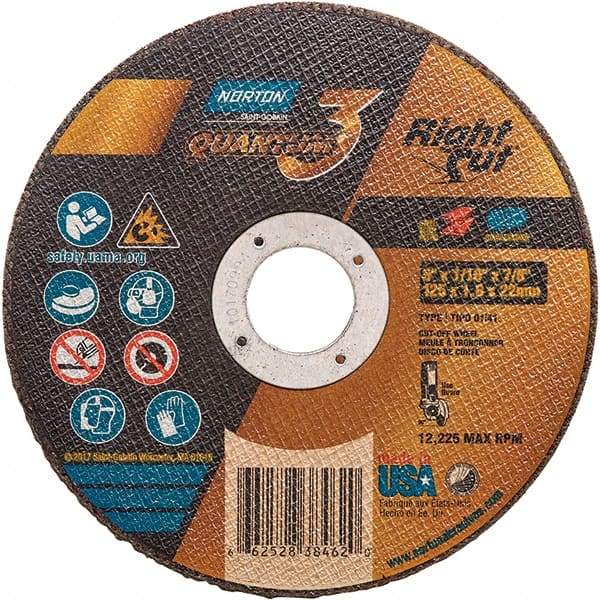 Norton - 5" 36 Grit Ceramic Alumina Cutoff Wheel - 1/16" Thick, 7/8" Arbor, 12,225 Max RPM, Use with Angle Grinders - Apex Tool & Supply