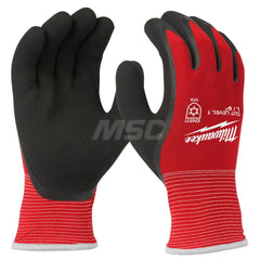 Cut, Puncture & Abrasive-Resistant Gloves: Size 2XL, ANSI Cut A1, ANSI Puncture 0, Latex, Nylon Red, Palm & Fingers Coated, Acrylic, Terry & Thermal Lined, Nylon Back, Smooth Grip, ANSI Abrasion 0