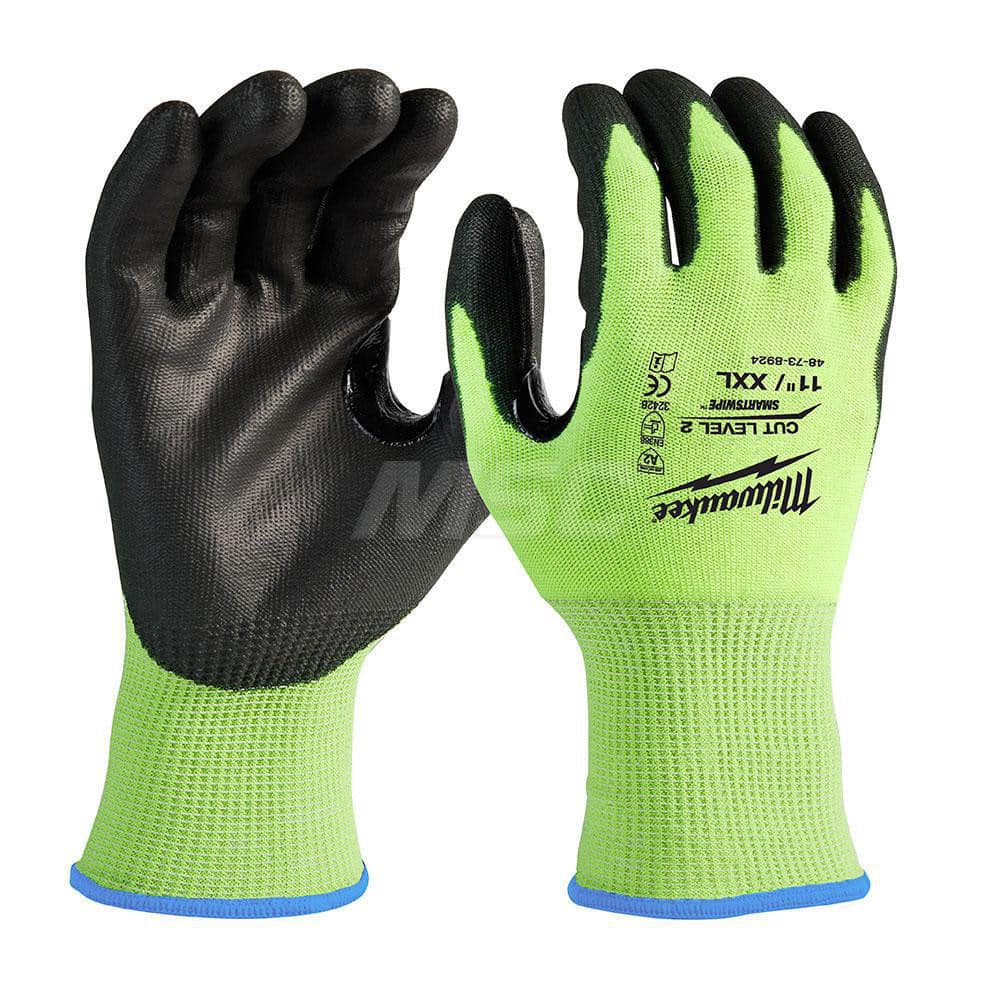 Cut, Puncture & Abrasive-Resistant Gloves: Size 2XL, ANSI Cut A2, ANSI Puncture 0, Nitrile, Polyurethane High-Visibility Yellow, Palm & Fingers Coated, Polyester Lined, Polyurethane Back, Smooth Grip, ANSI Abrasion 0