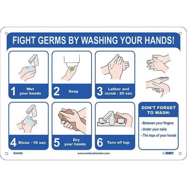 NMC - "Fight Germs By Washing Your Hands!", 14" Wide x 10" High, Rigid Plastic Safety Sign - Apex Tool & Supply