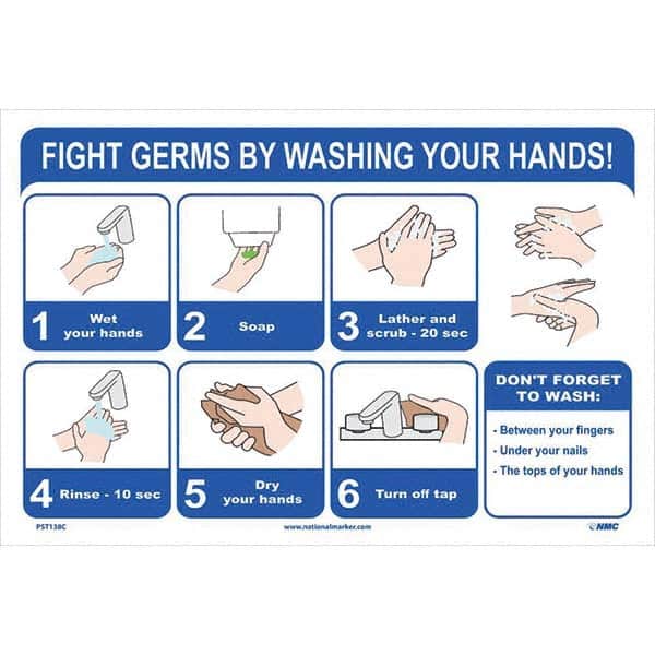 NMC - "Fight Germs By Washing Your Hands!", 18" Wide x 12" High, Vinyl Safety Sign - Apex Tool & Supply