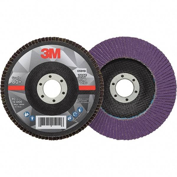 3M - 5" Disc Diam, 7/8" Center Hole, Type 27 Ceramic Flap Disc - 12,000 Max RPM, Fiberglass Backing, Arbor Attaching System, Coated - Apex Tool & Supply