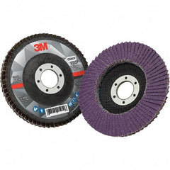 3M - 4-1/2" Disc Diam, 7/8" Center Hole, Type 29 Ceramic Flap Disc - 13,300 Max RPM, Fiberglass Backing, Arbor Attaching System, Coated - Apex Tool & Supply