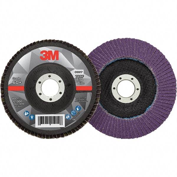 3M - 5" Disc Diam, 7/8" Center Hole, Type 27 Ceramic Flap Disc - 12,000 Max RPM, Fiberglass Backing, Arbor Attaching System, Coated - Apex Tool & Supply