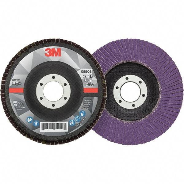 3M - 4-1/2" Disc Diam, 7/8" Center Hole, Type 29 Ceramic Flap Disc - 13,300 Max RPM, Fiberglass Backing, Arbor Attaching System, Coated - Apex Tool & Supply