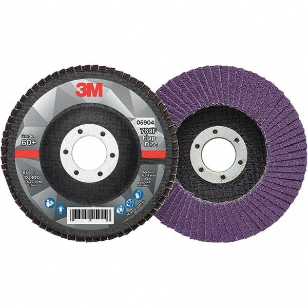 3M - 4-1/2" Disc Diam, 7/8" Center Hole, Type 27 Ceramic Flap Disc - 13,300 Max RPM, Fiberglass Backing, Arbor Attaching System, Coated - Apex Tool & Supply