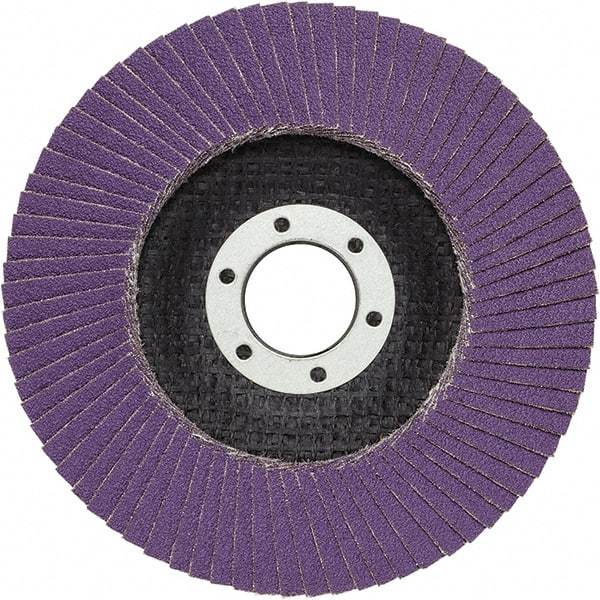 3M - 4-1/2" Disc Diam, 7/8" Center Hole, Type 29 Ceramic Flap Disc - 13,300 Max RPM, Fiberglass Backing, Arbor Attaching System, Coated - Apex Tool & Supply