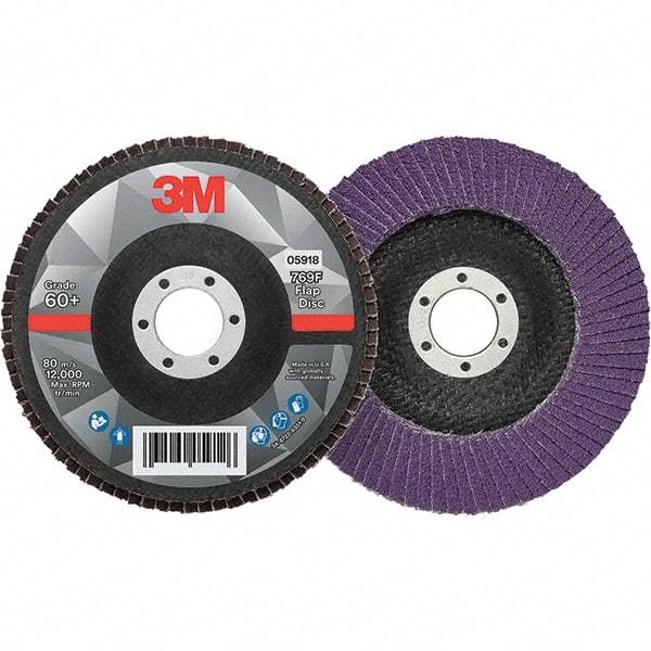3M - 5" Disc Diam, 7/8" Center Hole, Type 29 Ceramic Flap Disc - 12,000 Max RPM, Fiberglass Backing, Arbor Attaching System, Coated - Apex Tool & Supply