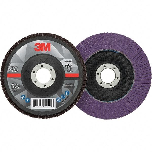 3M - 5" Disc Diam, 7/8" Center Hole, Type 29 Ceramic Flap Disc - 12,000 Max RPM, Fiberglass Backing, Arbor Attaching System, Coated - Apex Tool & Supply