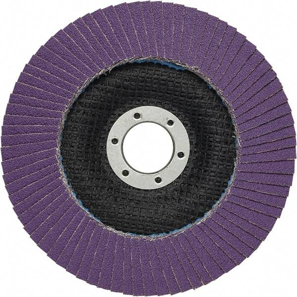 3M - 4-1/2" Disc Diam, 7/8" Center Hole, Type 27 Ceramic Flap Disc - 13,300 Max RPM, Fiberglass Backing, Arbor Attaching System, Coated - Apex Tool & Supply