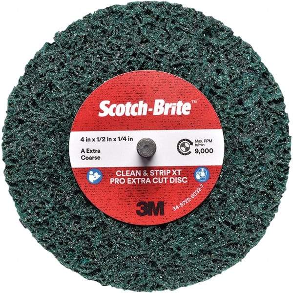 3M - 4" Extra Coarse Grade Aluminum Oxide Deburring Disc - 1/4" Center Hole, Quick Change Connection, Green, 12,000 Max RPM - Apex Tool & Supply
