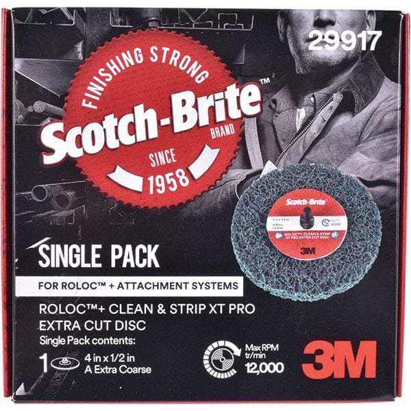 3M - 4" Extra Coarse Grade Aluminum Oxide Deburring Disc - 1/2" Center Hole, Quick Change Connection, Green, 12,000 Max RPM - Apex Tool & Supply