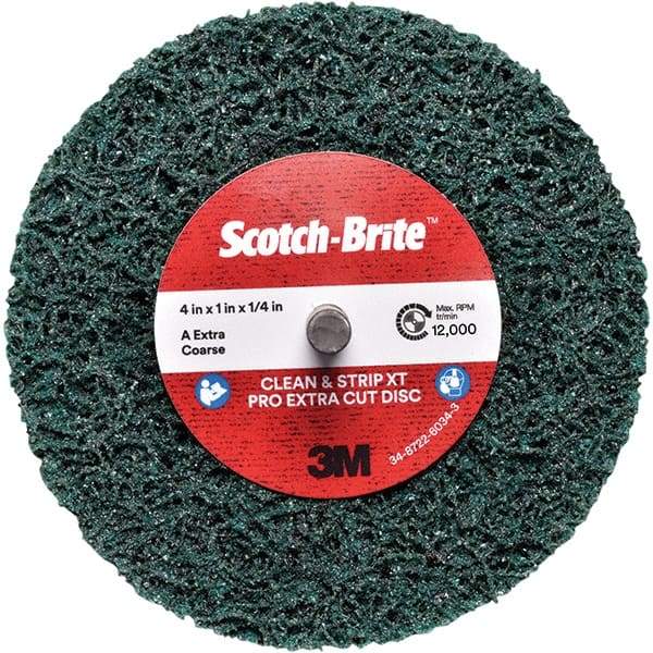 3M - 4" Extra Coarse Grade Aluminum Oxide Deburring Disc - 1/4" Center Hole, Quick Change Connection, Green, 12,000 Max RPM - Apex Tool & Supply