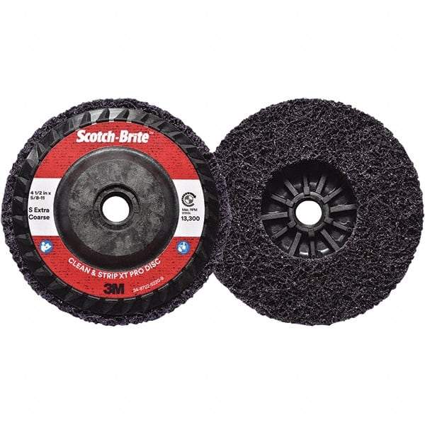 3M - 4-1/2" Extra Coarse Grade Silicon Carbide Deburring Disc - 5/8-11 Threaded Center Hole, Quick Change Connection, Purple, 13,300 Max RPM - Apex Tool & Supply