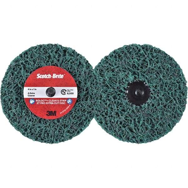 3M - 4" Extra Coarse Grade Aluminum Oxide Deburring Disc - 1" Center Hole, Quick Change Connection, Green, 8,000 Max RPM - Apex Tool & Supply