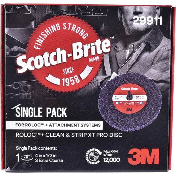 3M - 4" Extra Coarse Grade Silicon Carbide Deburring Disc - 1/2" Center Hole, Quick Change Connection, Purple, 12,000 Max RPM - Apex Tool & Supply