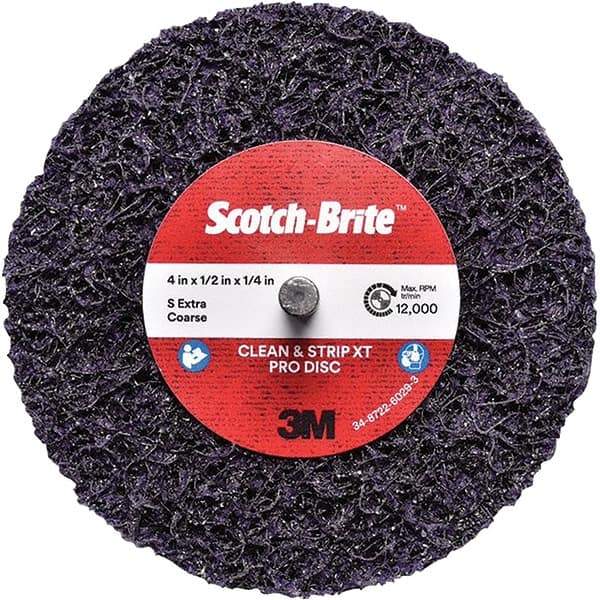 3M - 4" Extra Coarse Grade Silicon Carbide Deburring Disc - 1/4" Center Hole, Quick Change Connection, Purple, 12,000 Max RPM - Apex Tool & Supply