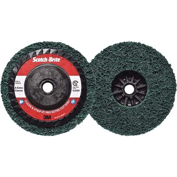 3M - 5" Extra Coarse Grade Aluminum Oxide Deburring Disc - 5/8-11 Threaded Center Hole, Quick Change Connection, Green, 12,000 Max RPM - Apex Tool & Supply