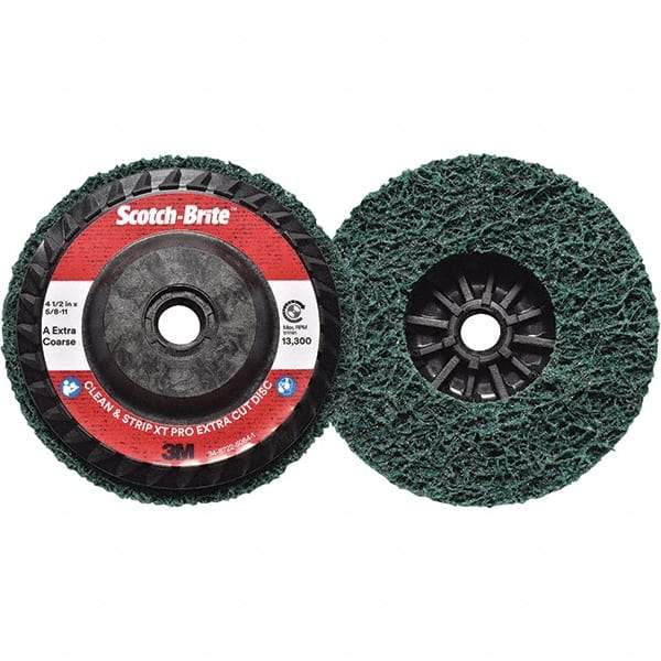 3M - 4-1/2" Extra Coarse Grade Aluminum Oxide Deburring Disc - 5/8-11 Threaded Center Hole, Quick Change Connection, Green, 13,300 Max RPM - Apex Tool & Supply