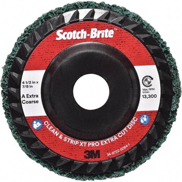 3M - 4-1/2" Extra Coarse Grade Aluminum Oxide Deburring Disc - 7/8" Center Hole, Quick Change Connection, Green, 13,300 Max RPM - Apex Tool & Supply