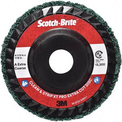 3M - 4-1/2" Extra Coarse Grade Aluminum Oxide Deburring Disc - 7/8" Center Hole, Quick Change Connection, Green, 13,300 Max RPM - Apex Tool & Supply