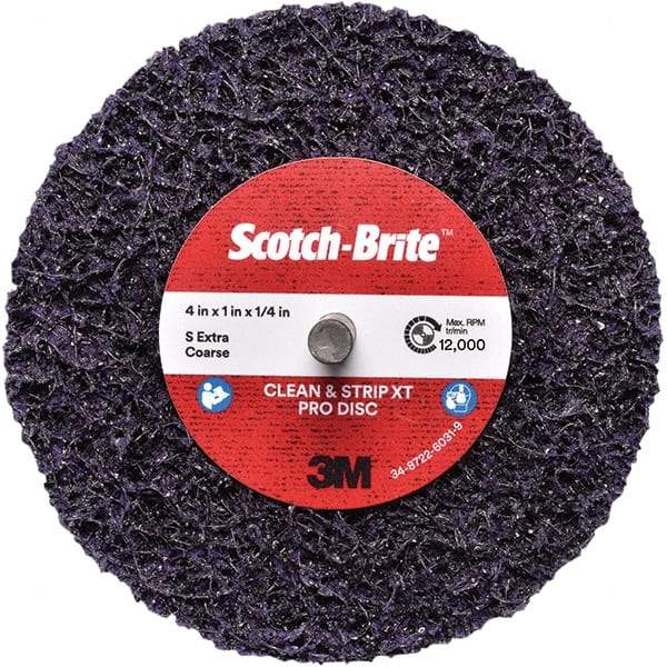 3M - 4" Extra Coarse Grade Silicon Carbide Deburring Disc - 1/4" Center Hole, Quick Change Connection, Purple, 12,000 Max RPM - Apex Tool & Supply
