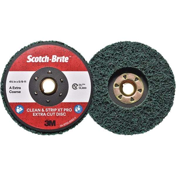 3M - 4-1/2" Extra Coarse Grade Aluminum Oxide Deburring Disc - 5/8-11 Threaded Center Hole, Quick Change Connection, Green, 13,300 Max RPM - Apex Tool & Supply