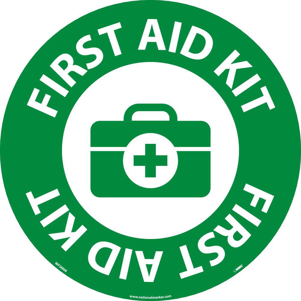 NMC - Adhesive Backed Floor Signs; Message Type: First Aid ; Graphic Type: First Aid Kit ; Message or Graphic: Message & Graphic ; Legend: First Aid Kit ; Color: Green; White ; Special Color Properties: No Special Properties - Exact Industrial Supply