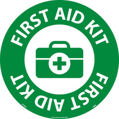 NMC - Adhesive Backed Floor Signs; Message Type: First Aid ; Graphic Type: First Aid Kit ; Message or Graphic: Message & Graphic ; Legend: First Aid Kit ; Color: Green; White ; Special Color Properties: No Special Properties - Exact Industrial Supply