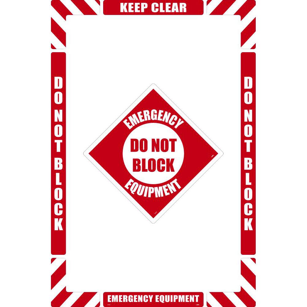 NMC - Adhesive Backed Floor Signs; Message Type: Accident Prevention ; Graphic Type: None ; Message or Graphic: Message Only ; Legend: Emergency Equipment Do Not Block ; Color: Red; White ; Special Color Properties: No Special Properties - Exact Industrial Supply