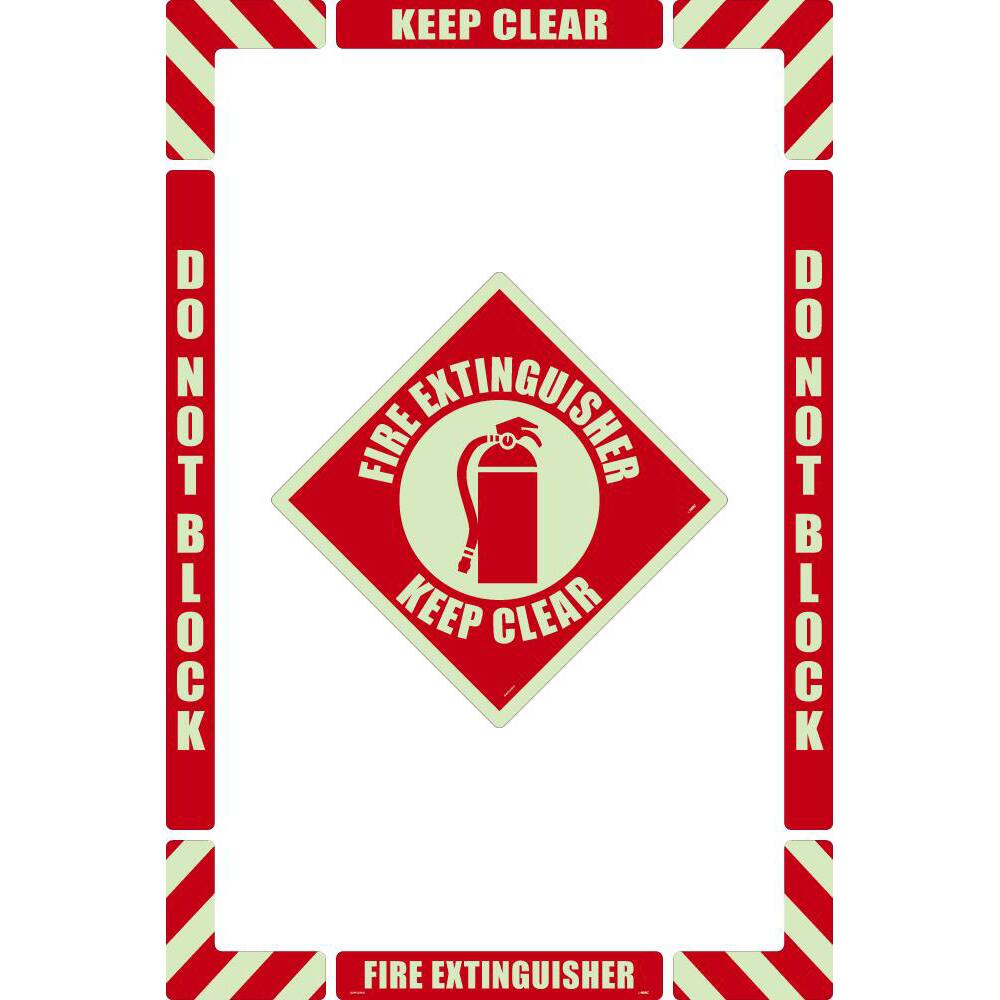 NMC - Adhesive Backed Floor Signs; Message Type: Accident Prevention ; Graphic Type: Fire Extinguisher ; Message or Graphic: Message & Graphic ; Legend: Fire Extinguisher Keep Clear ; Color: Red on Glow ; Special Color Properties: Glow-In-The-Dark - Exact Industrial Supply