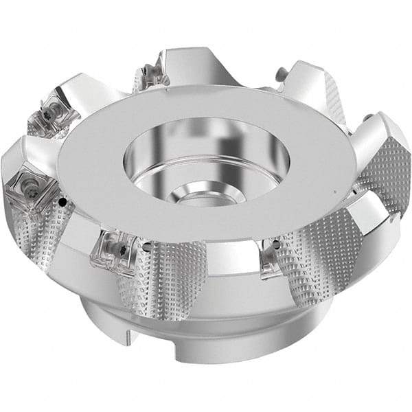 Seco - 5" Cut Diam, 1-1/2" Arbor Hole, 0.236" Max Depth of Cut, 48° Indexable Chamfer & Angle Face Mill - 8 Inserts, SN.. Insert, Right Hand Cut, 8 Flutes, Through Coolant, Series R220.54 - Apex Tool & Supply