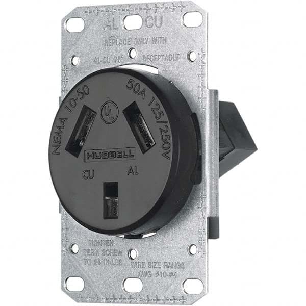 Hubbell Wiring Device-Kellems - 125/250 VAC 50A NEMA 10-50R Residential Grade Black Straight Blade Single Receptacle - Apex Tool & Supply