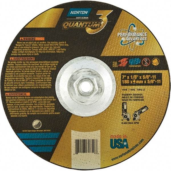 Norton - 24 Grit, 7" Wheel Diam, 1/8" Wheel Thickness, 5/8" Arbor Hole, Type 27 Depressed Center Wheel - Coarse Grade, Ceramic, Resinoid Bond, 8,600 Max RPM - Apex Tool & Supply