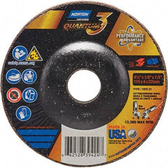 Norton - 24 Grit, 4-1/2" Wheel Diam, 1/8" Wheel Thickness, 7/8" Arbor Hole, Type 27 Depressed Center Wheel - Coarse Grade, Ceramic, Resinoid Bond, 13,580 Max RPM - Apex Tool & Supply
