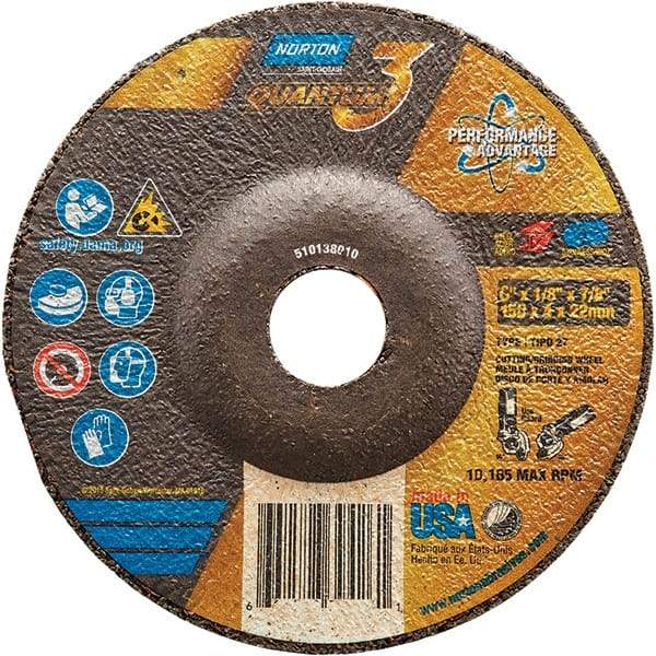 Norton - 24 Grit, 6" Wheel Diam, 1/8" Wheel Thickness, 7/8" Arbor Hole, Type 27 Depressed Center Wheel - Coarse Grade, Ceramic, Resinoid Bond, 10,185 Max RPM - Apex Tool & Supply