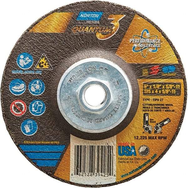 Norton - 24 Grit, 5" Wheel Diam, 1/8" Wheel Thickness, 5/8" Arbor Hole, Type 27 Depressed Center Wheel - Coarse Grade, Ceramic, Resinoid Bond, 12,225 Max RPM - Apex Tool & Supply