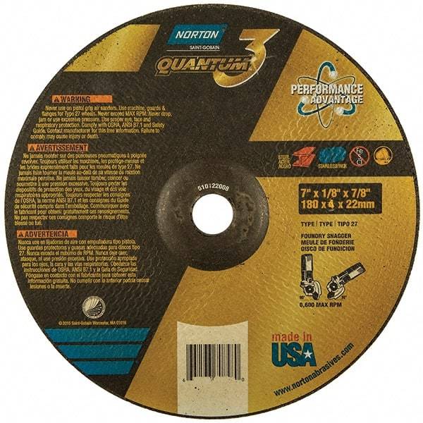 Norton - 24 Grit, 7" Wheel Diam, 1/8" Wheel Thickness, 7/8" Arbor Hole, Type 27 Depressed Center Wheel - Coarse Grade, Ceramic, Resinoid Bond, 8,600 Max RPM - Apex Tool & Supply