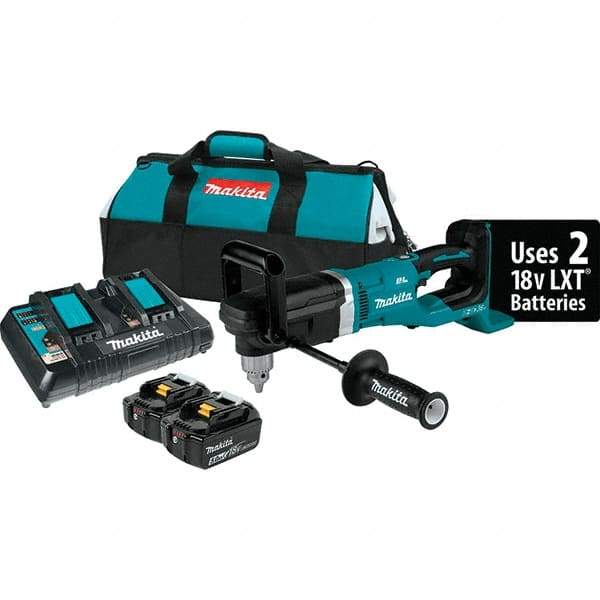 Makita - 36 Volt 1/2" Chuck Right Angle Handle Cordless Drill - 0-1400 RPM, Reversible, 2 Lithium-Ion Batteries Included - Apex Tool & Supply